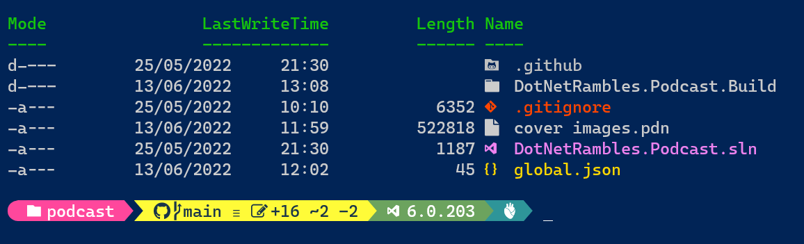terminal showing file type icons